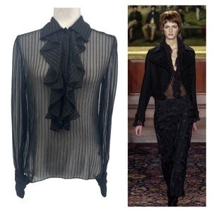 Ralph Lauren Collection Silk Sheer Ruffle Long Sleeve Blouse Collared Black Top